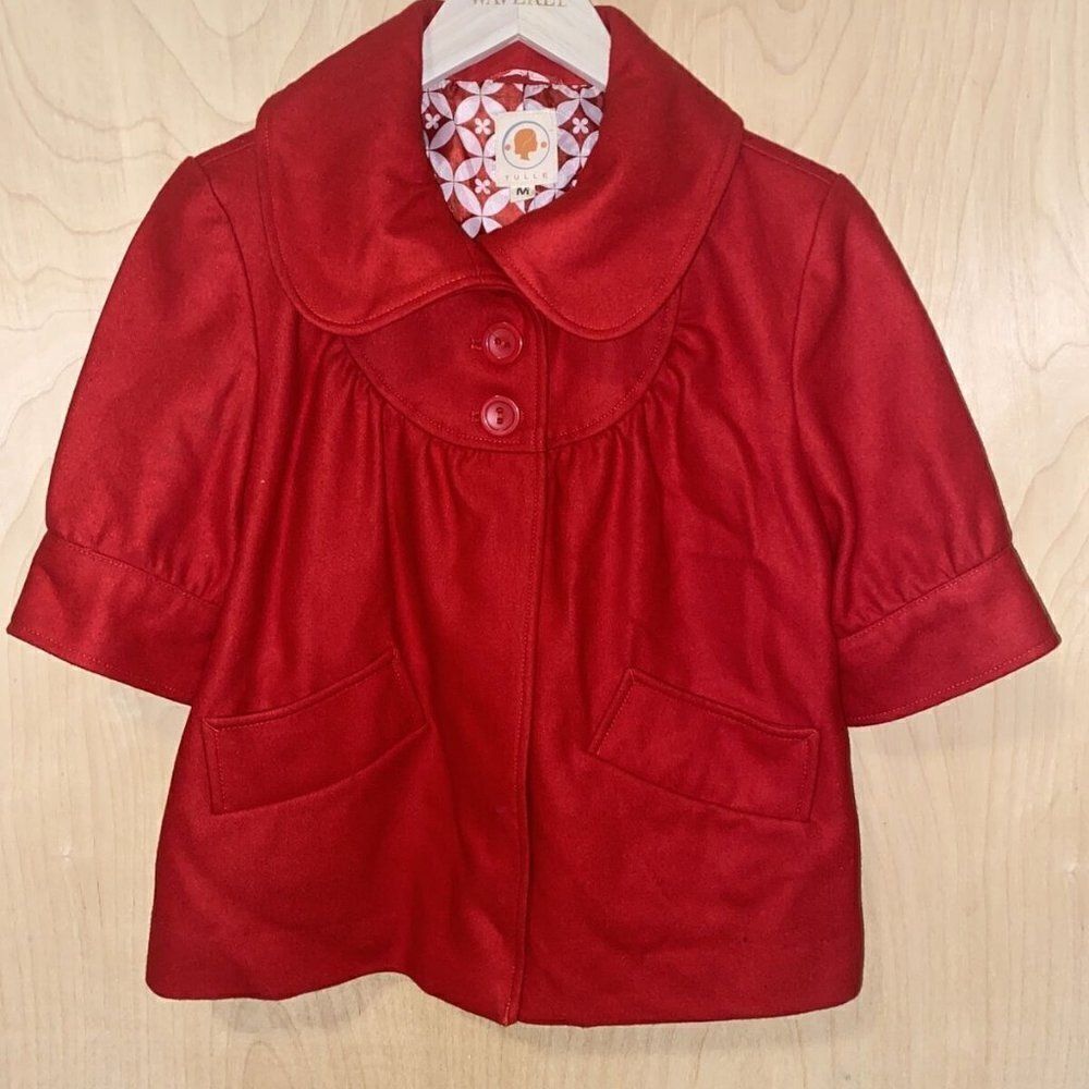 TULLE Crop Coat‎ 3/4 Sleeve Red Wool Blend  Size: M